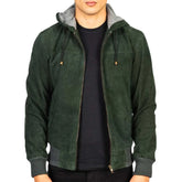 Mens Green Leather Hooded Jacket